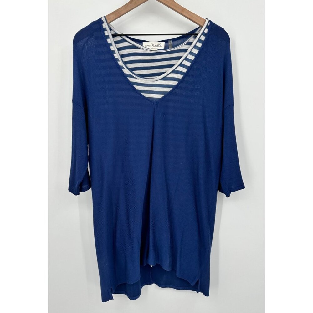 Simply Noelle Layered Tunic Women L/XL Blue White Stripe 3/4 Sleeve